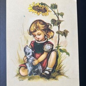 Vintage Art Print of Girl with Puppy
